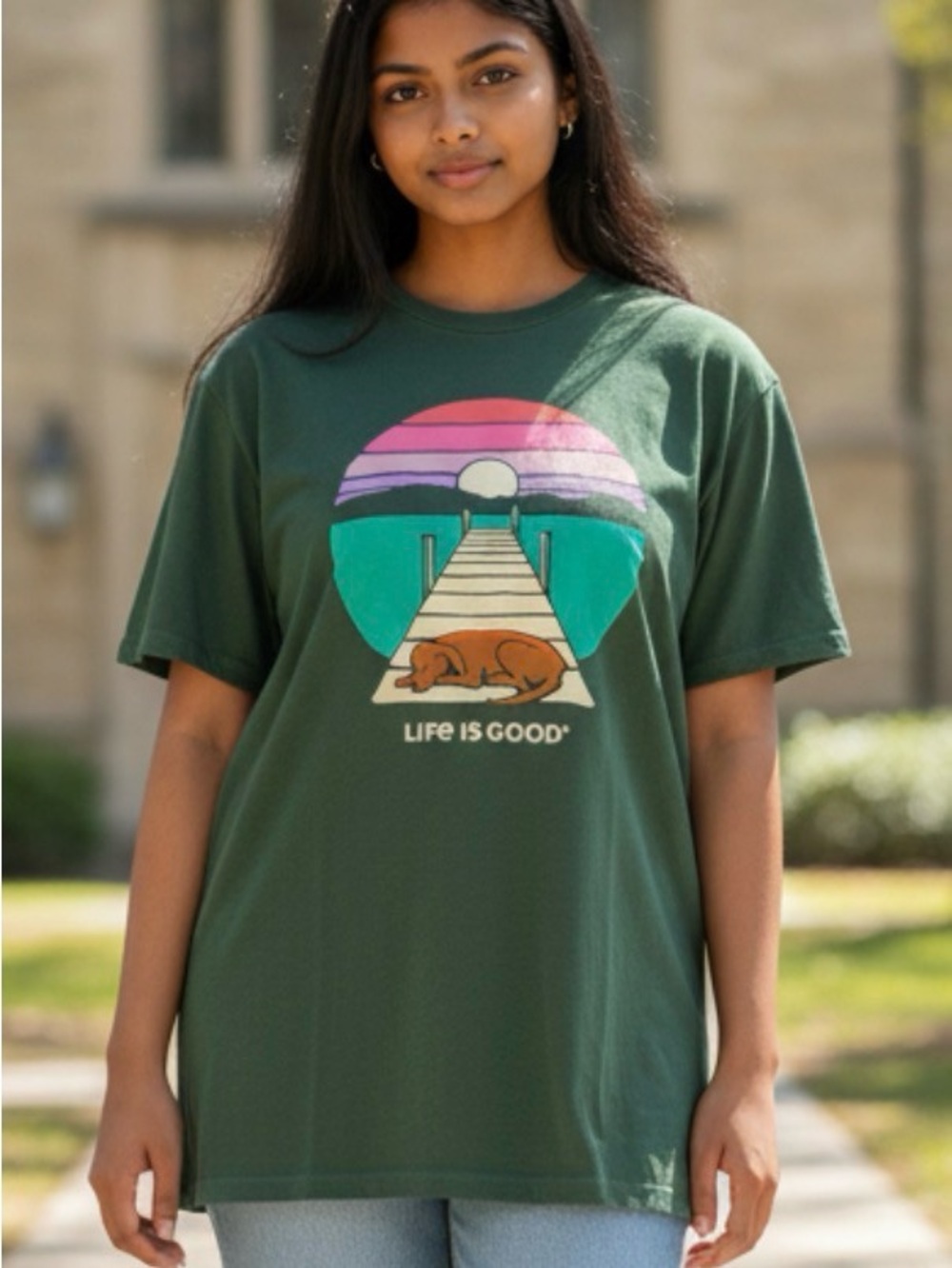 Life Is Good XXL Forest Green Tee with Dog Graphic